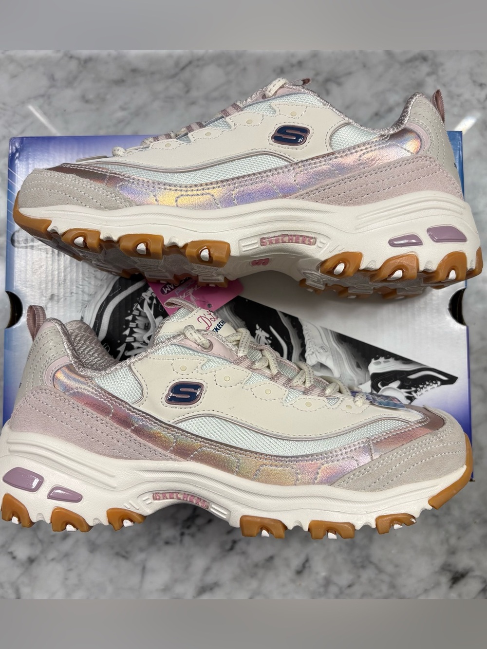 Skechers D'Lites Women's Chunky Retro 90’s Style Shoe Pink White Cream Gum